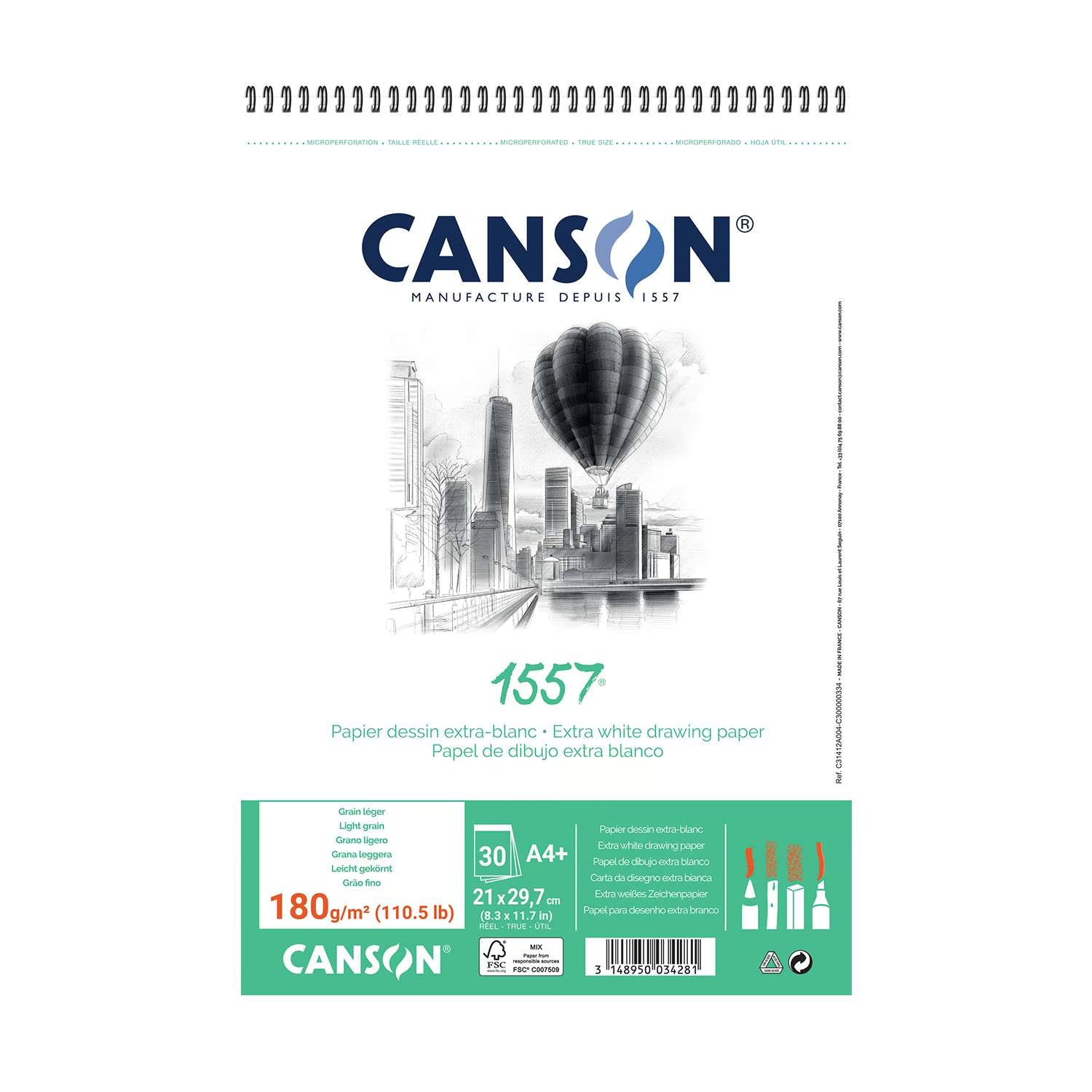 Canson 1557 teken- en schetsblok spiraal fijne korrel 180 grams - 30 vel