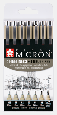 Sakura Pigma Micron Set 6 fineliners +1 Pigma Penseel
