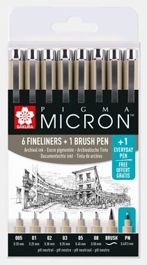 Sakura Pigma Micron Etui Promotieset met 7 fineliners Zwart + 1 gratis Pigma Micron