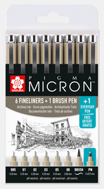 Sakura Pigma Micron Etui Promotieset met 7 fineliners Zwart + 1 gratis Pigma Micron